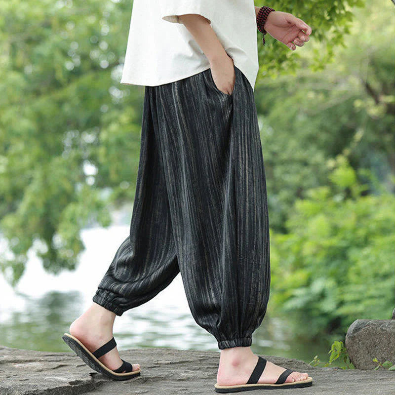 Buddha Stones Summer Black Stripes Drawstring Men's Harem Pants With Pockets