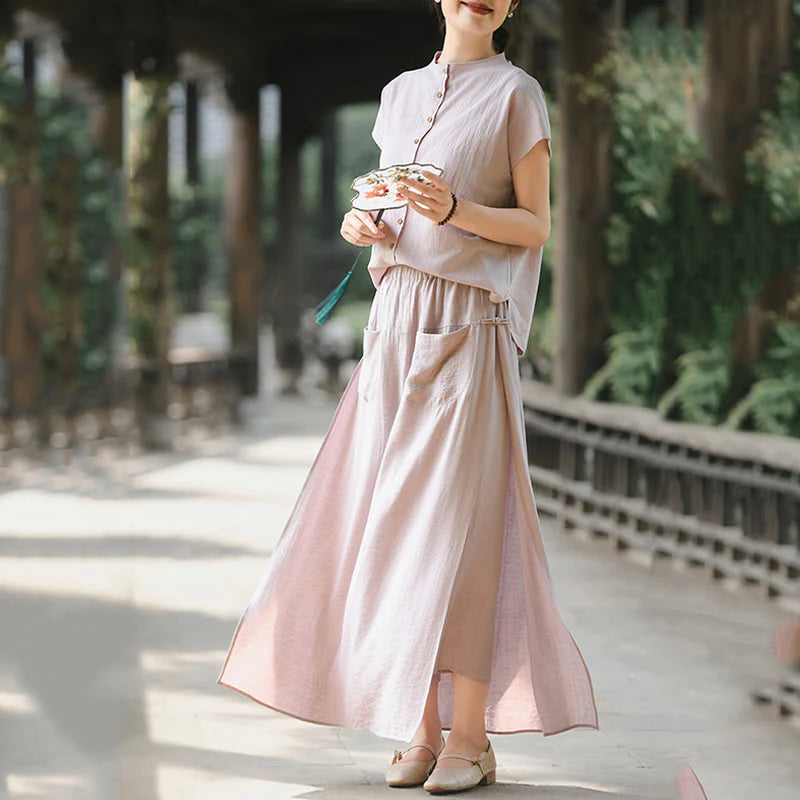 Buddha Stones 2Pcs Buttons Short Sleeve Shirt Top Skirt With Pockets Meditation Cotton Women's Set