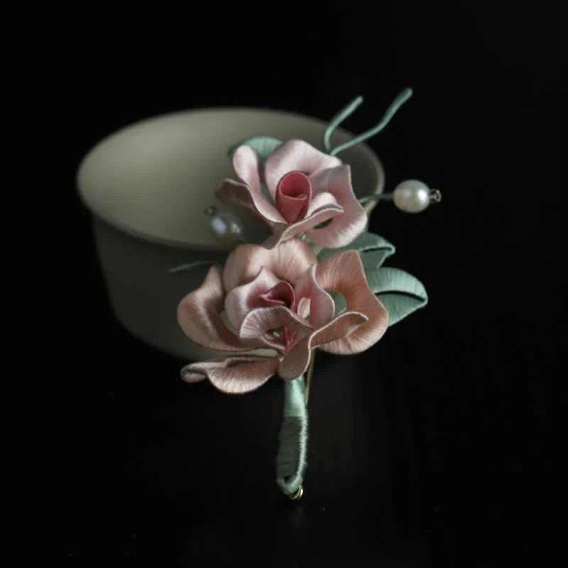 Buddha Stones Handcrafted Silk Art Twin Rose Flower Blessing Harmony Brooch