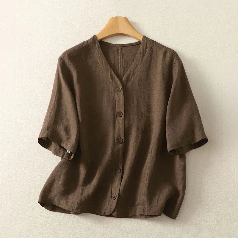 Buddha Stones Summer Solid Color V-Neck Buttons Simple Design Women's Short Sleeve Shirt