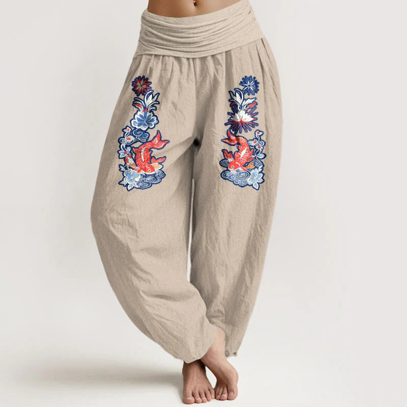 Buddha Stones Pure Cotton Striking Koi Fish Flower Pattern Women's Elastic Waist Harem Pants