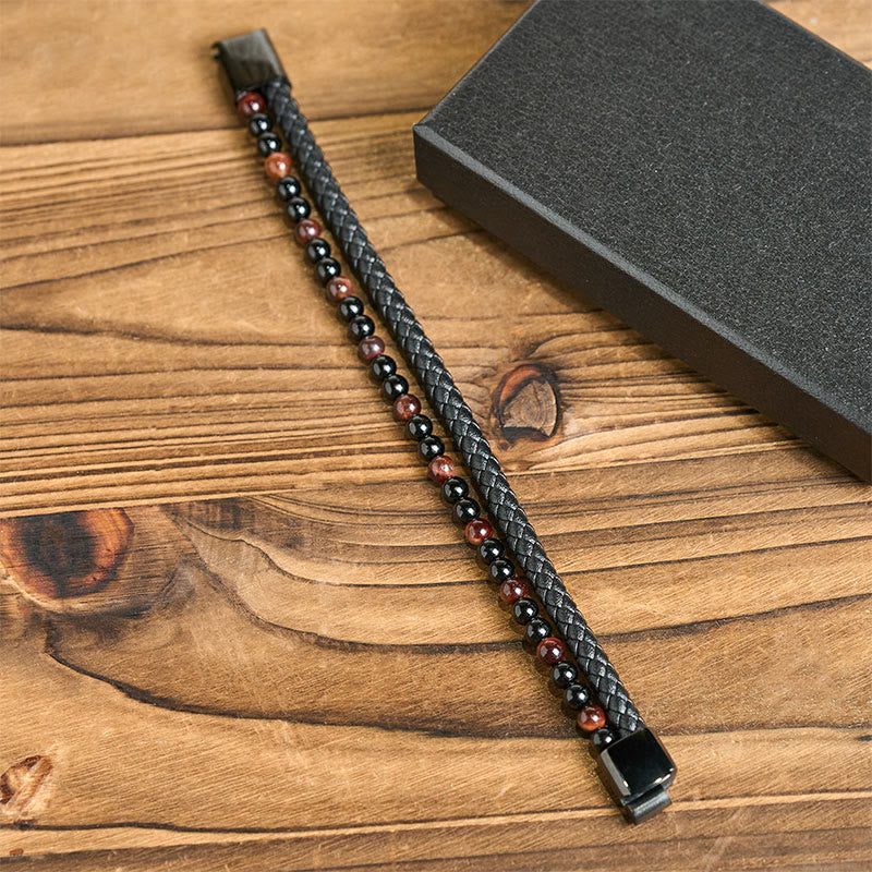 Buddha Stones Black Onyx Tiger Eye Titanium Steel Leather Protection Bracelet