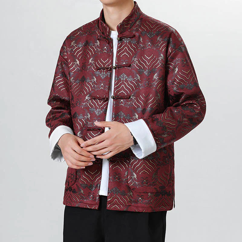 Buddha Stones Frog-Button Chinese Tang Suit Wave Shape Long Shirt Men Jacket Clothing (Extra 30% Off | USE CODE: FS30)
