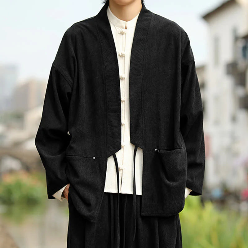 Buddha Stones Solid Color Open Front Long Sleeve Jacket Men's Cotton Corduroy Kimono With Pockets