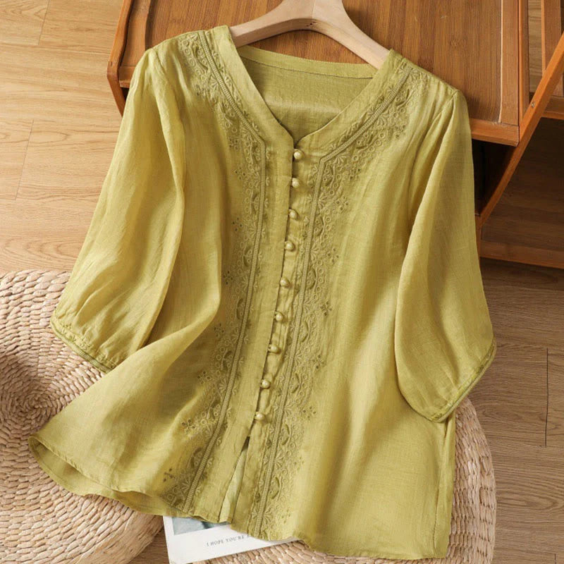 Buddha Stones Casual Embroidery Frog-Button Polyester Half Sleeve Women's V-neck Shirt