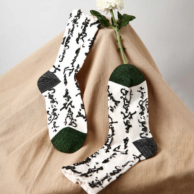 Buddha Stones Chinese Calligraphy Color Matching Pattern Micro Crew Women Cotton Socks