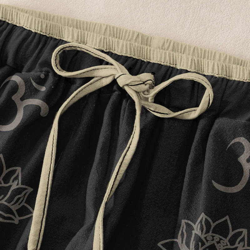 Buddha Stones Cotton Casual Lotus Flowers Double Dorje Vajra Namaste Om Design Women's Elastic Waist Pants With Pockets