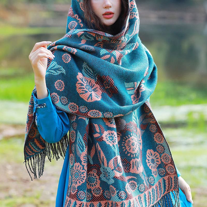 Buddha Stones Jacquard Ethnic Paisley Plants Pattern Tassel Soft Thermal Scarf Shawl