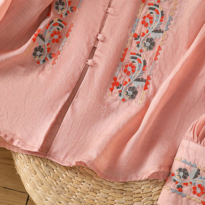 Buddha Stones Vintage Embroidery Single Row Multi-Button Placket Design Women's Cotton Linen Long Lantern Sleeve Shirt