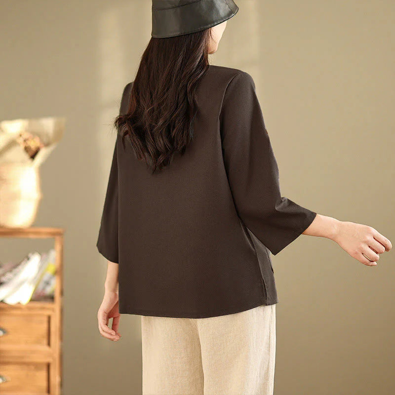 Buddha Stones Commute Embroidery Floral Pattern Three Quarter Sleeve Women's Cotton Shirt With Pockets