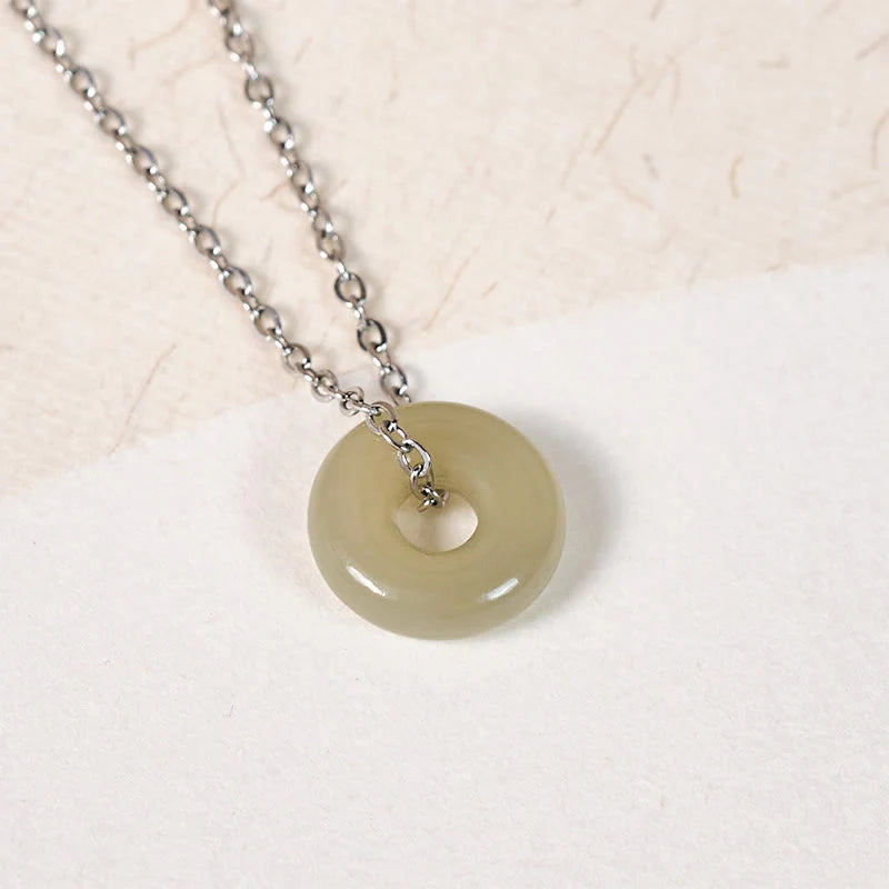 Buddha Stones Natural Green Jade Peace Buckle Prosperity Necklace Pendant