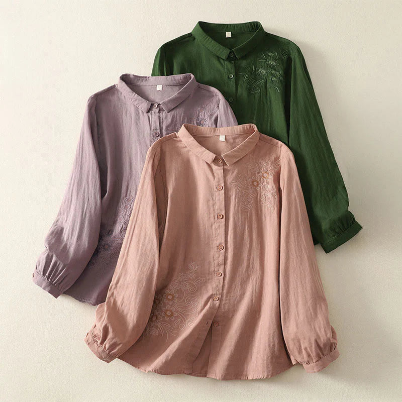 Buddha Stones Embroidered Flower Vine Pattern Long Sleeve Women's Lapel Shirt