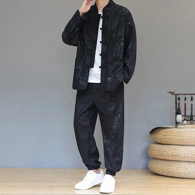 Buddha Stones 2Pcs Fall Winter Men's Tang Suit Dragon Frog-Button Cotton Corduroy Long Sleeve Jacket Pants Set With Pockets
