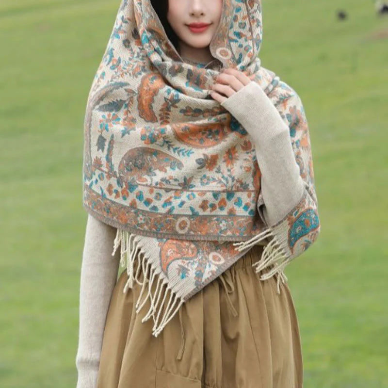Buddha Stones Ethnic Embroidered Paisley Flowers Pattern Tassel Soft Scarf Shawl