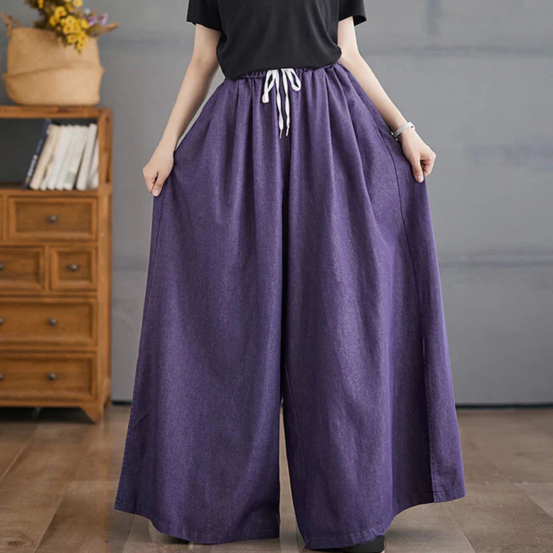 Buddha Stones Retro Leg Opening Slit Design Women's Wide Leg Pants With Pockets