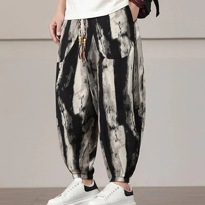 Buddha Stones Stripe Pattern Drawstring Men's Harem Pants With Pockets