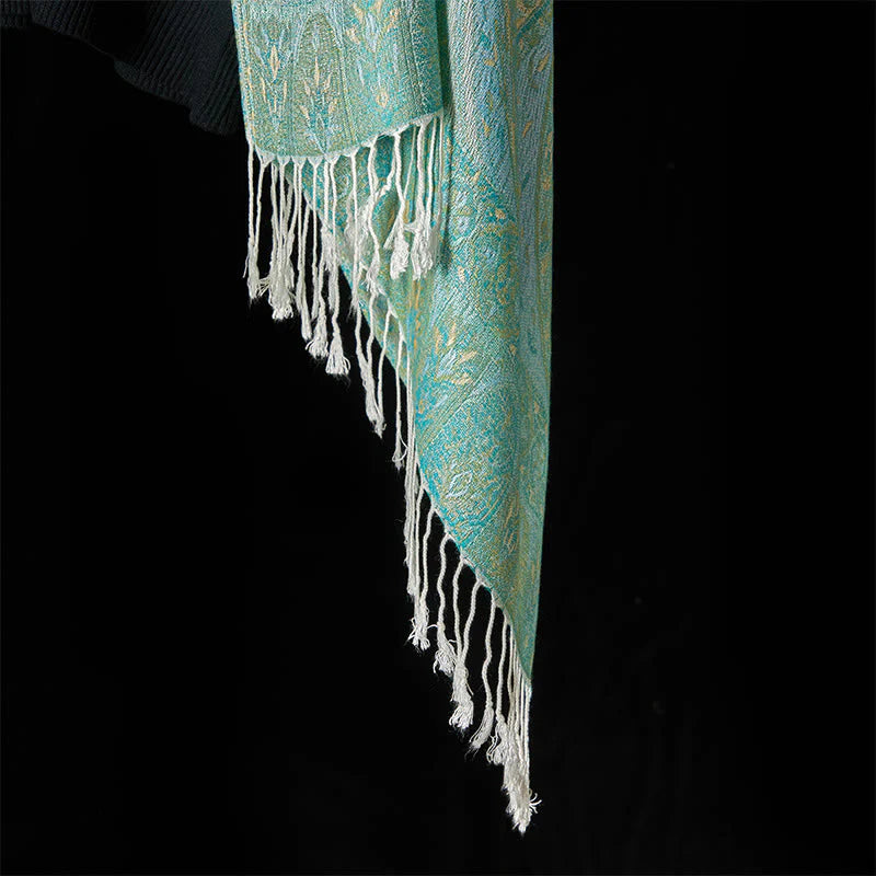 Buddha Stones Spring Green Cashew Flower Geometric Jacquard Pattern Tassel Cozy Scarf Shawl