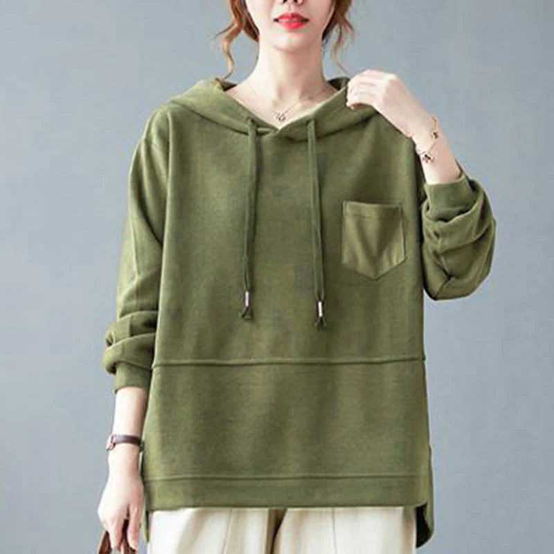 Buddha Stones Fall Solid Color Decorative Pocket Cotton Long Sleeve Women's Hoodie