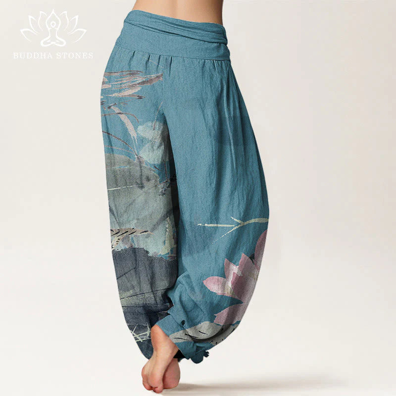Buddha Stones Cotton Pink Lotus Leaves Bird Pattern Women's Elastic Waist Harem Pants