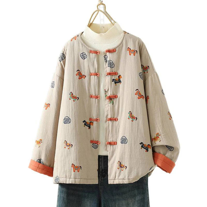 Buddha Stones Horse Fu Character Pattern Frog-Button Design Women's Long Sleeve Thickened Jacket