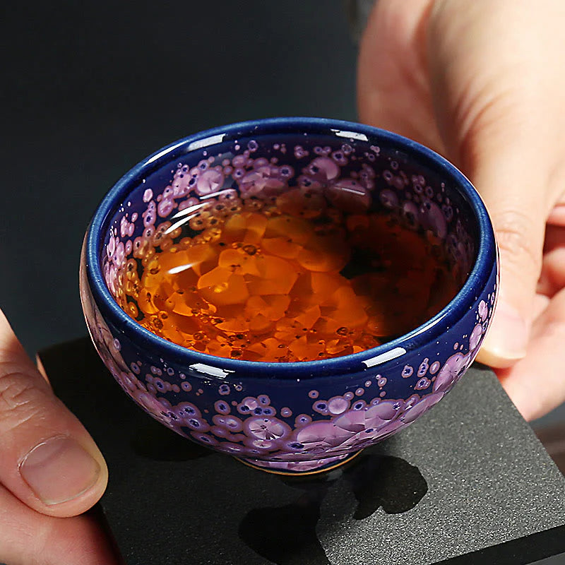 Buddha Stones Colorful Iris Flowers Chinese Jianzhan Kiln Change Porcelain Teacup Tenmoku Kung Fu Tea Cup