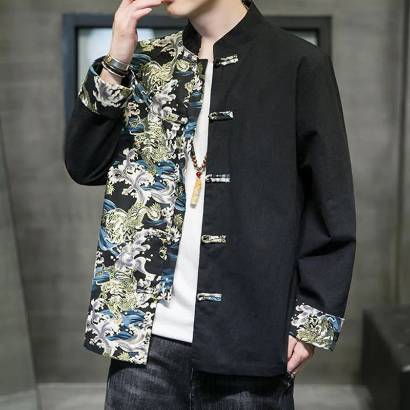 Buddha Stones Printed Color Contrast Dragon Pattern Frog-button Long Sleeve Men's Cotton Jacket