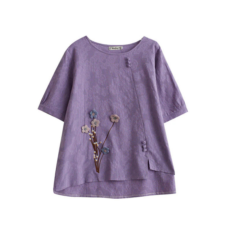Buddha Stones Three-dimensional Flowers Design Crew Neck Short Sleeve Cotton Women's Shirt