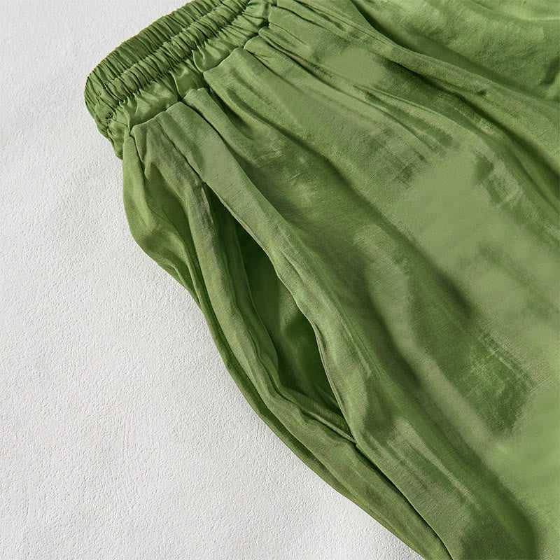 Buddha Stones Summer Green Ankle-Length Cotton Drawstring Women's Pants With Pockets