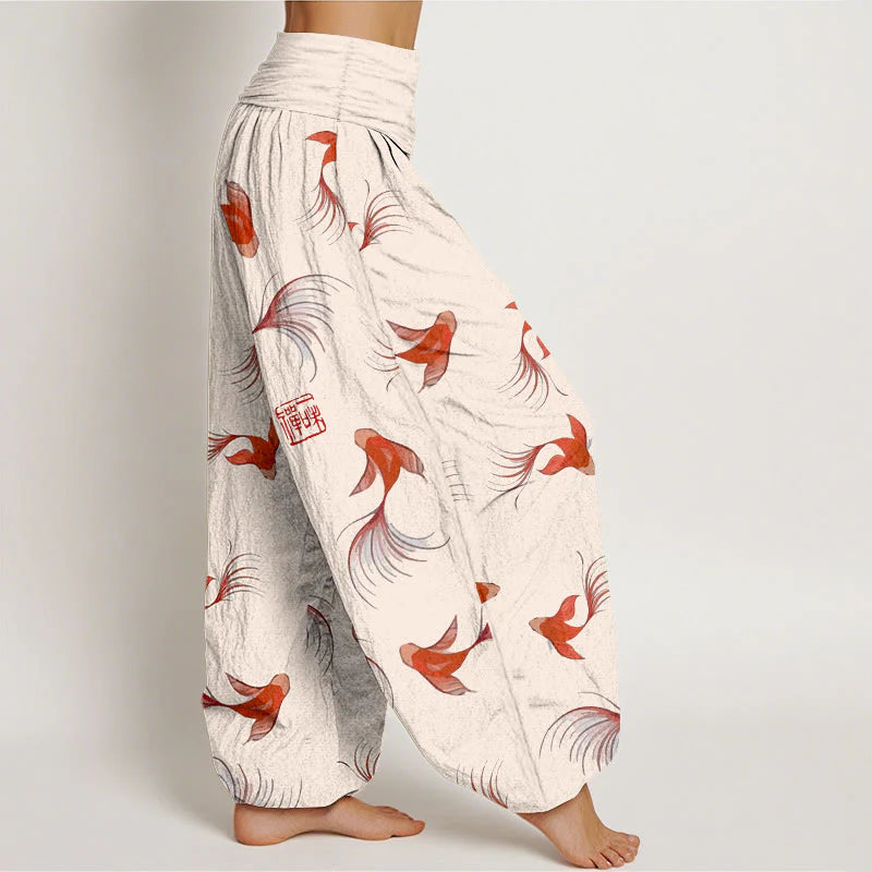 Buddha Stones Print Pure Cotton Koi Fish Pattern Women's Elastic Waist Harem Pants