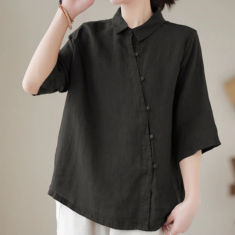 Buddha Stones Lapel Frog-Button Diagonal Placket Design Three Quarter Sleeve Women's Cotton Shirt