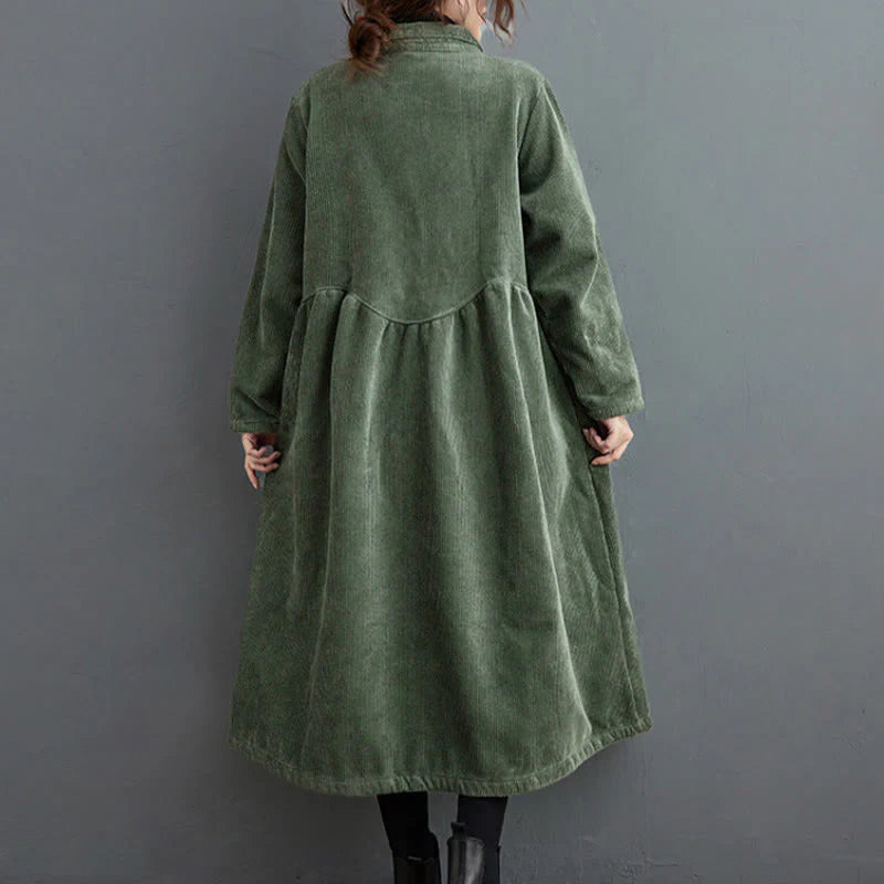 Buddha Stones Plain Buttons Long Sleeve Women's Cotton Corduroy Fleece-Lined Coat With Pockets