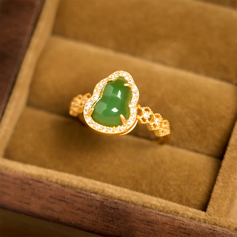 Buddha Stones Vintage Gourd Green Chalcedony Copper Plated Gold Adjustable Wealth Ring