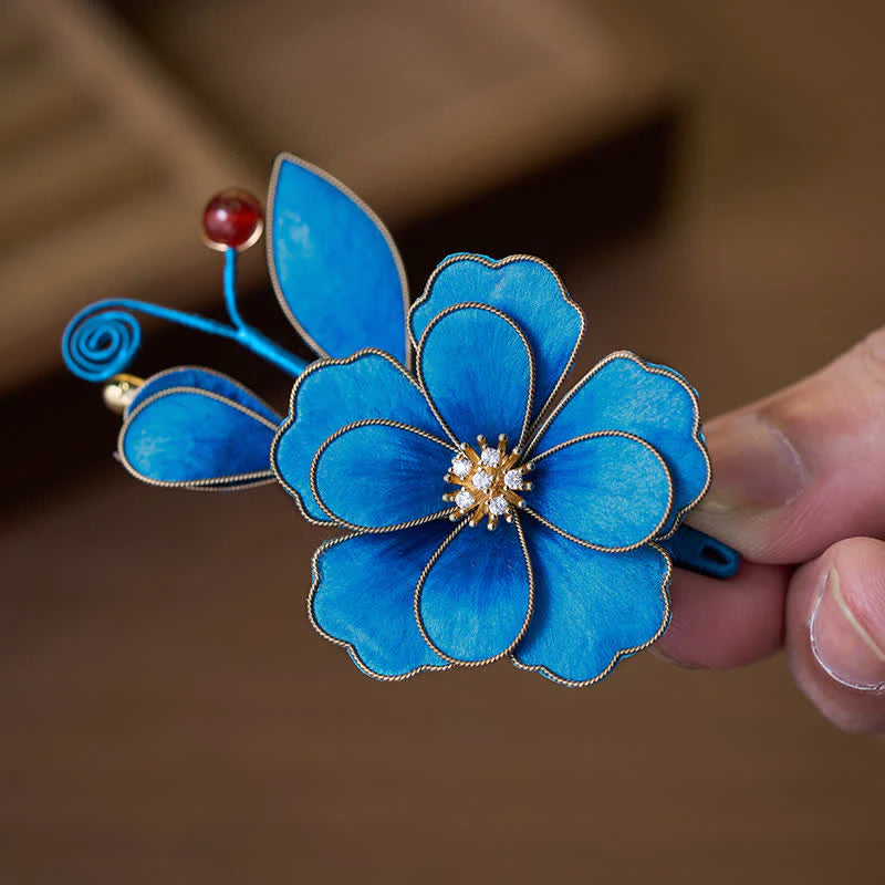Buddha Stones Handcrafted Silk Art Velvet Flower Light Blue Flower Brooch