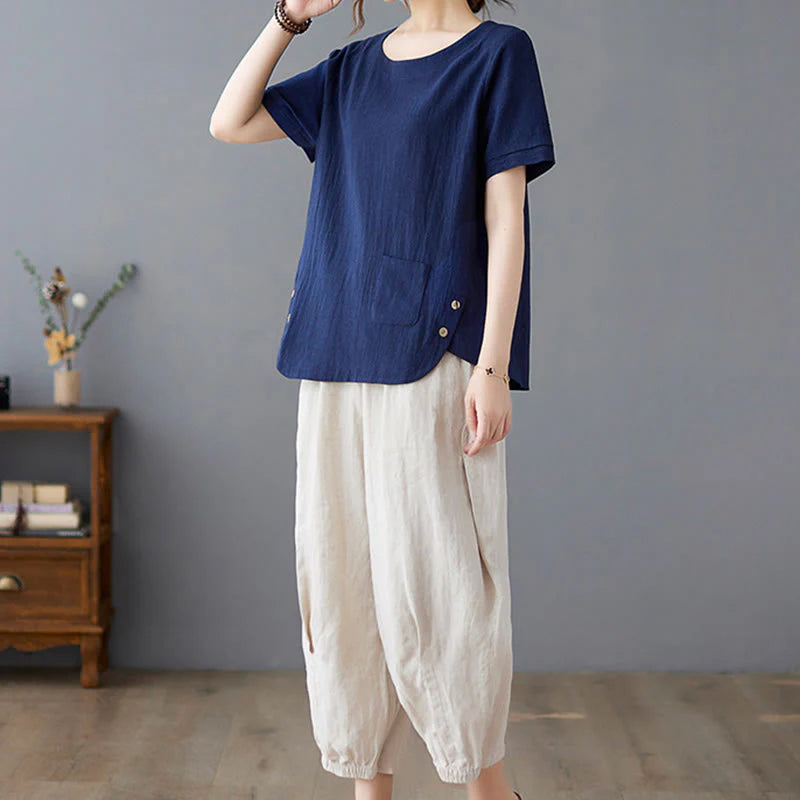 Buddha Stones Side Slit Design Women's Cotton Linen Crew Neck Short Sleeve T-Shirt Wtih Pocket