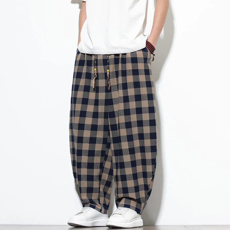 Buddha Stones Summer Plaid Pattern High Waist Drawstring Men's Harem Pants With Pockets