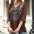 Buddha Stones Spring Casual Plain Embroidery Floral Pattern Design Three Quarter Sleeve V-neck Women's T-Shirt