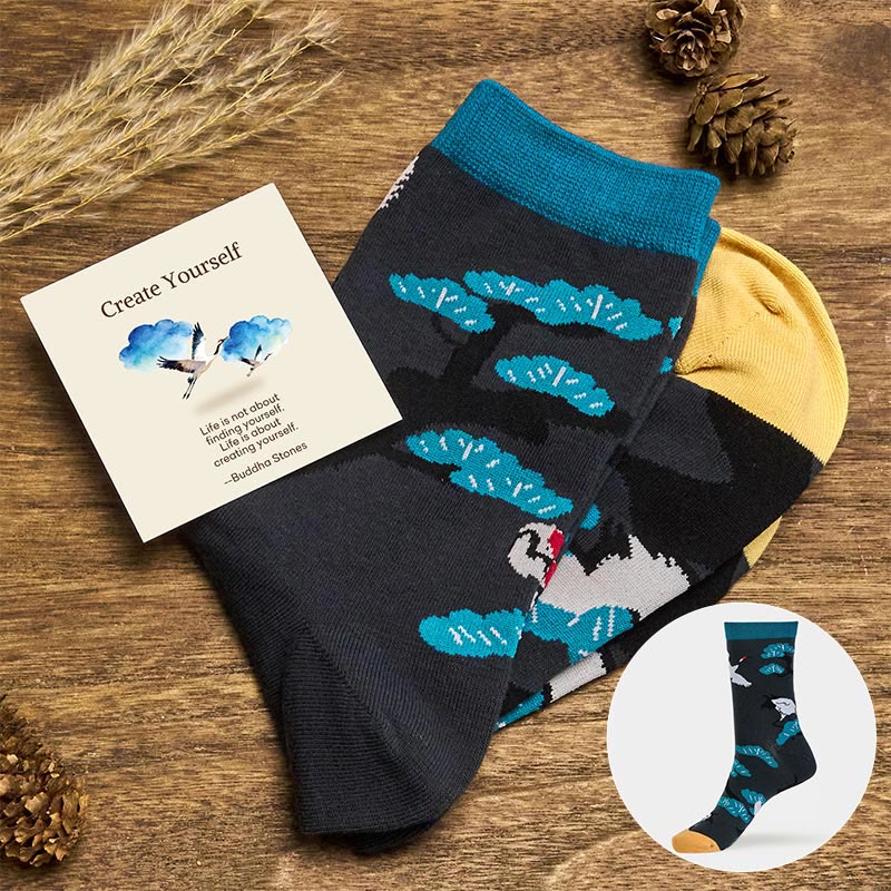 Buddha Stones Create Yourself White Crane Pine Tree Women's Socks Includes Gift Message Card