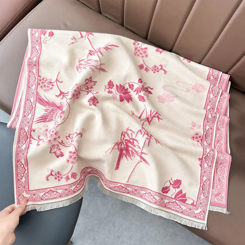 Buddha Stones Winter Birds Bamboo Leaves Vines Pattern Soft Scarf Shawl
