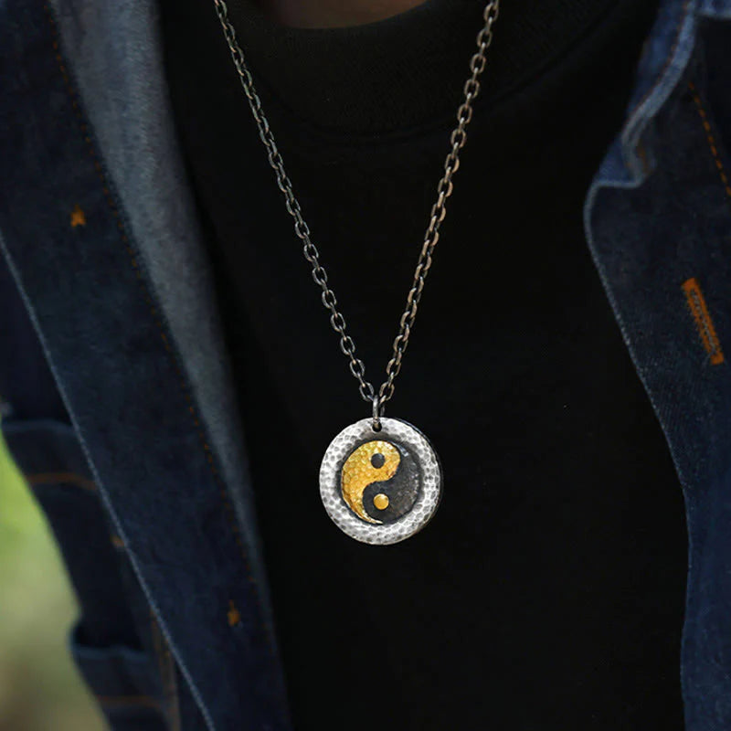 Buddha Stones 999 Sterling Silver 999 Gold Yin Yang Balance Titanium Steel Chain Necklace Pendant