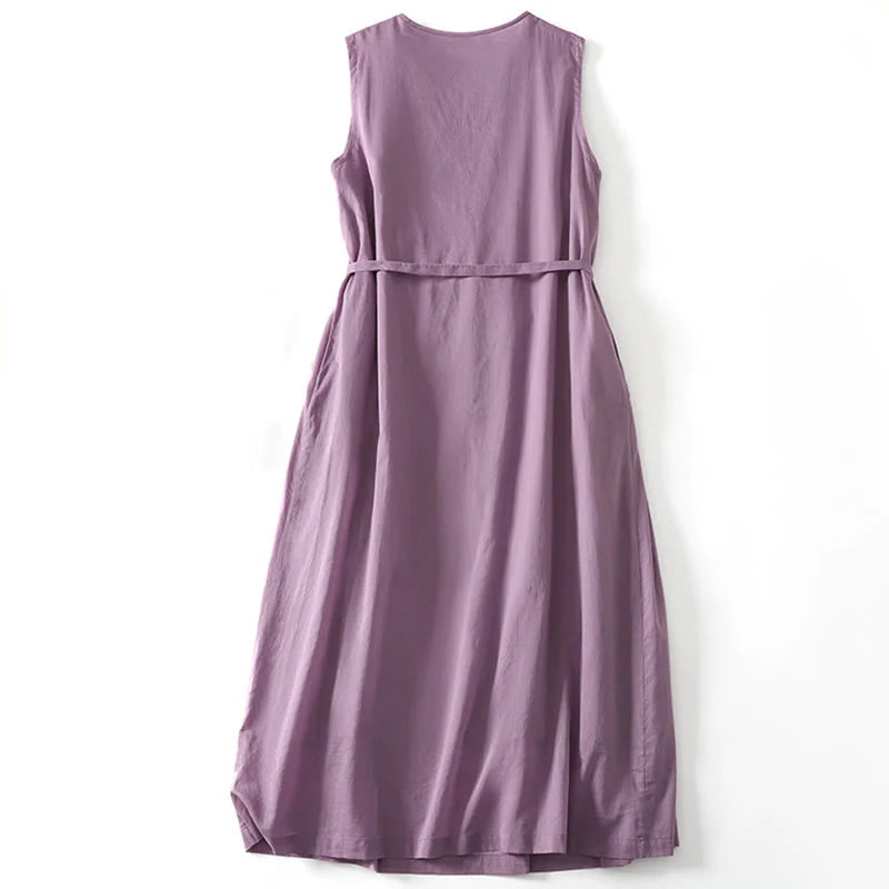 Buddha Stones Solid Color Accordion Design Sleeveless Cotton Midi Dress With Pockets