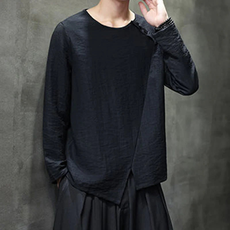 Buddha Stones Solid Color Loose Long Sleeve Round Neck Men's Shirts