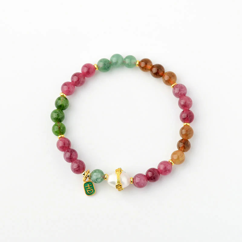 Buddha Stones Natural Multicolored Tourmaline Pearl Auspicious Character Charm Wisdom Bracelet (Extra 35% Off | USE CODE: FS35)