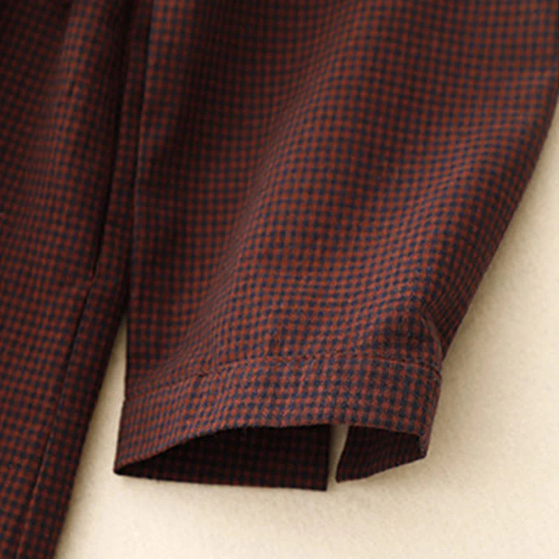 Buddha Stones Fall Brown Plaid Stand Collar Frog-Button Design Long Sleeve Midi Dress With Pockets