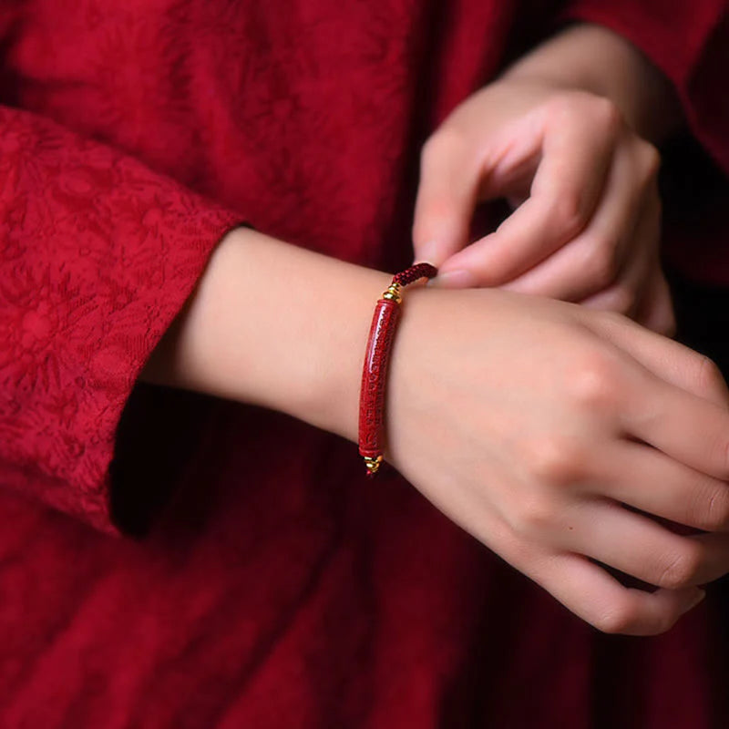 Buddha Stones Handmade Cinnabar Om Mani Padme Hum Heart Sutra Blessing Braided Bracelet