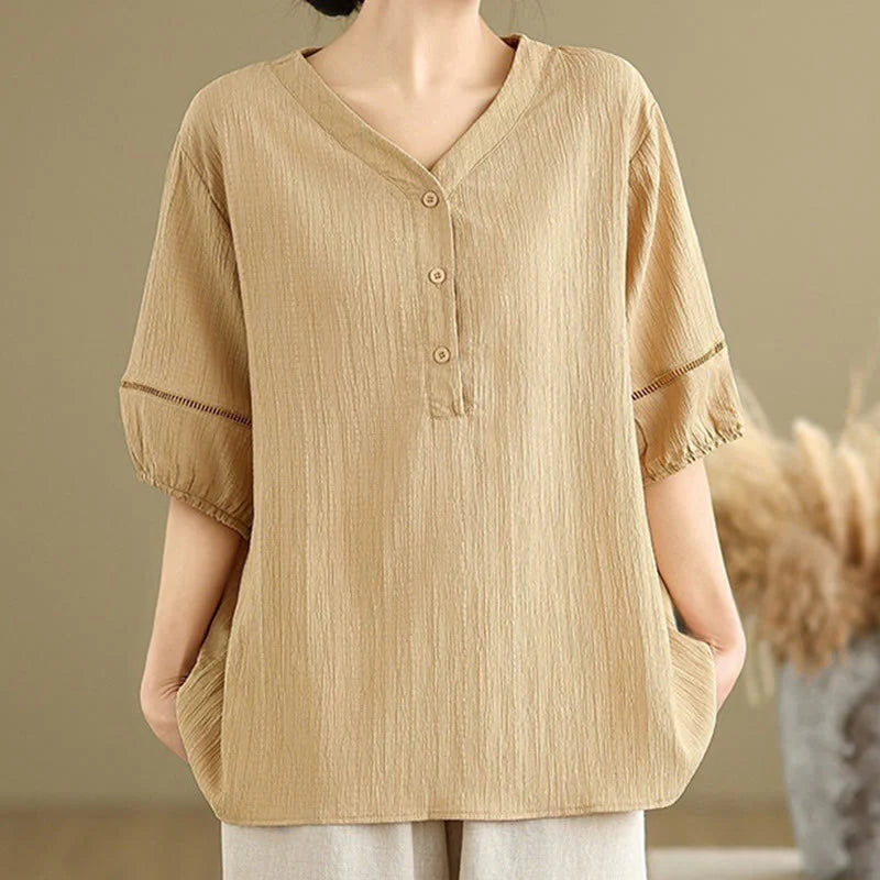 Buddha Stones Casual Plain Button V-Neck Women's Polyester Short Sleeve Shirt