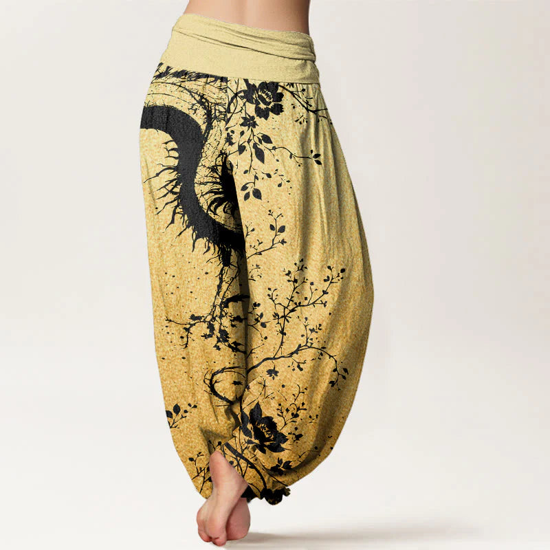 Buddha Stones Cotton Casual Dragon Flower Leaf Pattern Women's Elastic Waist Harem Pants