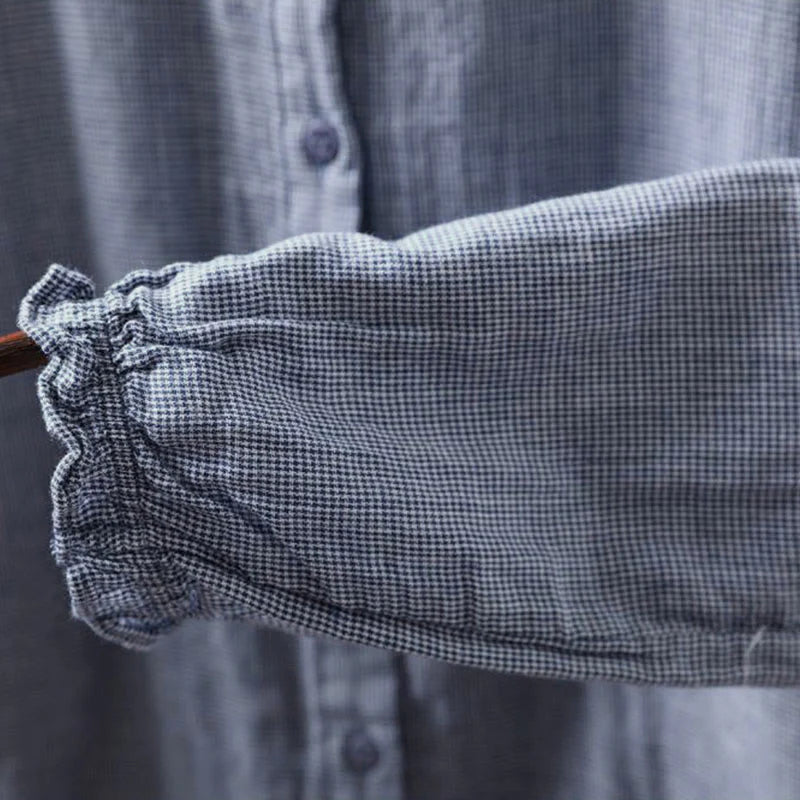 Buddha Stones Fall Small Plaid Button Down Ruffle Collar Long Sleeve Women's Cotton Shirt