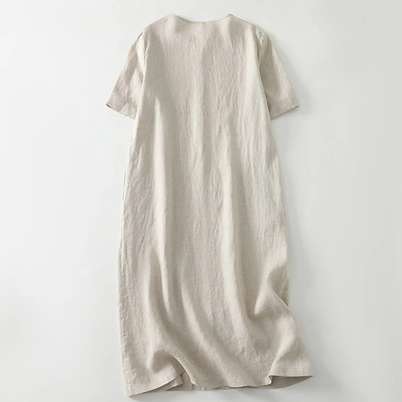 Buddha Stones Summer Casual Plain Design V-Neck Short Sleeve Cotton Linen Midi Dress With Pockets