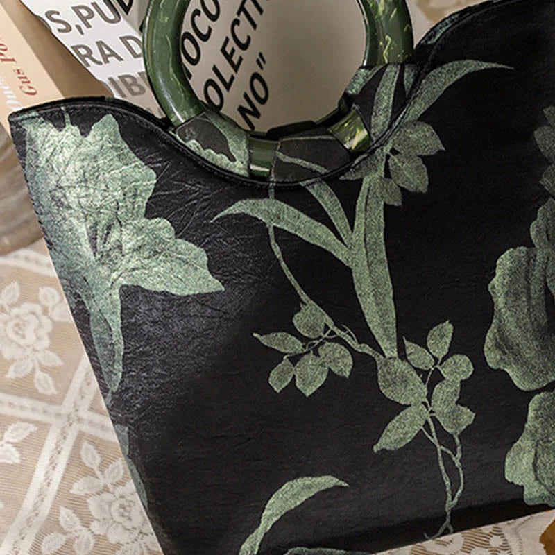 Buddha Stones Black Green Orchids Print Vintage Handbag