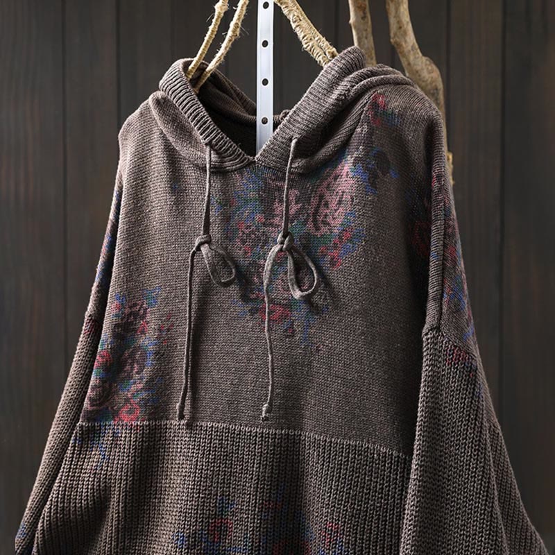 Buddha Stones Women's Knitted Floral Cotton Long Sleeve Hooded Sweater